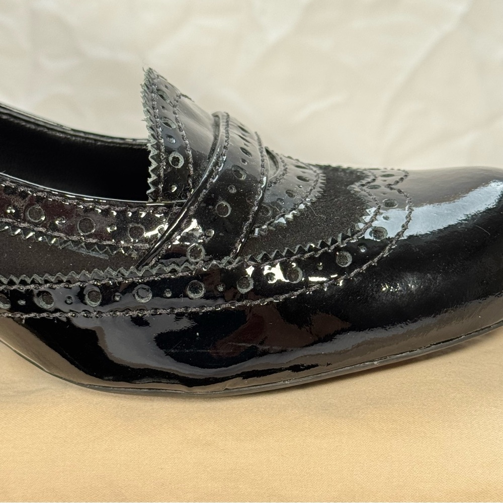 Franco Sarto Black Patent Leather and Suede Mary Jane Heels w/ intricate details - Picture 6 of 16